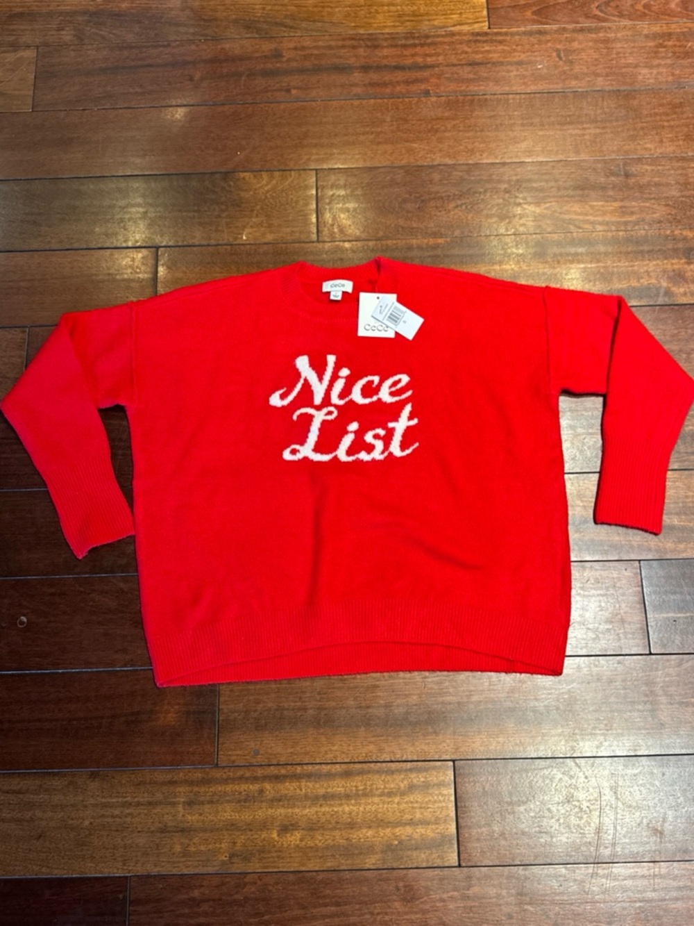 CeCe Red Crewneck Sweater with White 'Nice List' Script size small